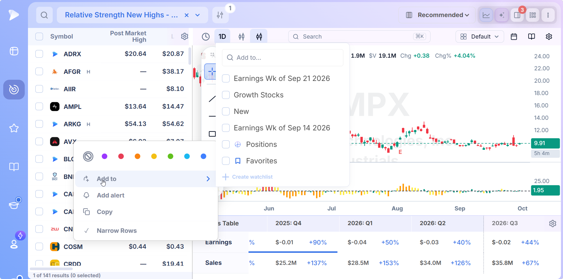 Stock Screener by Strategy | Deepvue Adding a screener result to a named Deepvue watchlist