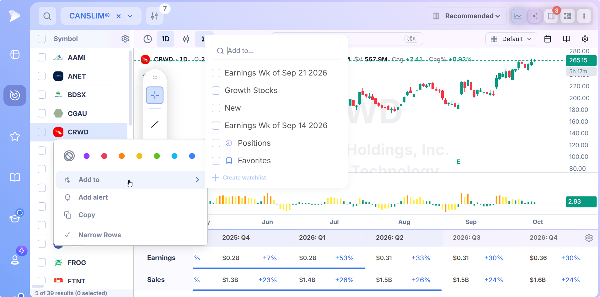 Right click menu on a Deepvue screener row sending the ticker to a watchlist