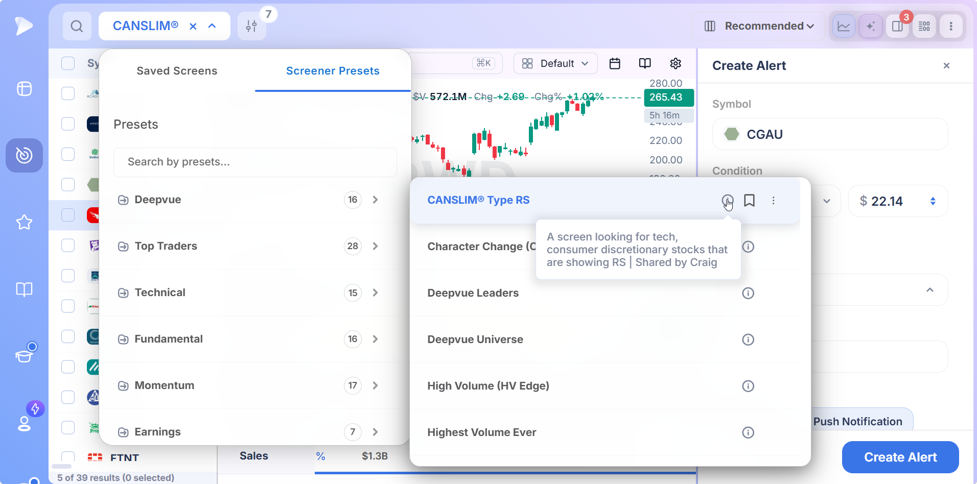 Deepvue Top Traders preset category with a one line summary under each named trader preset