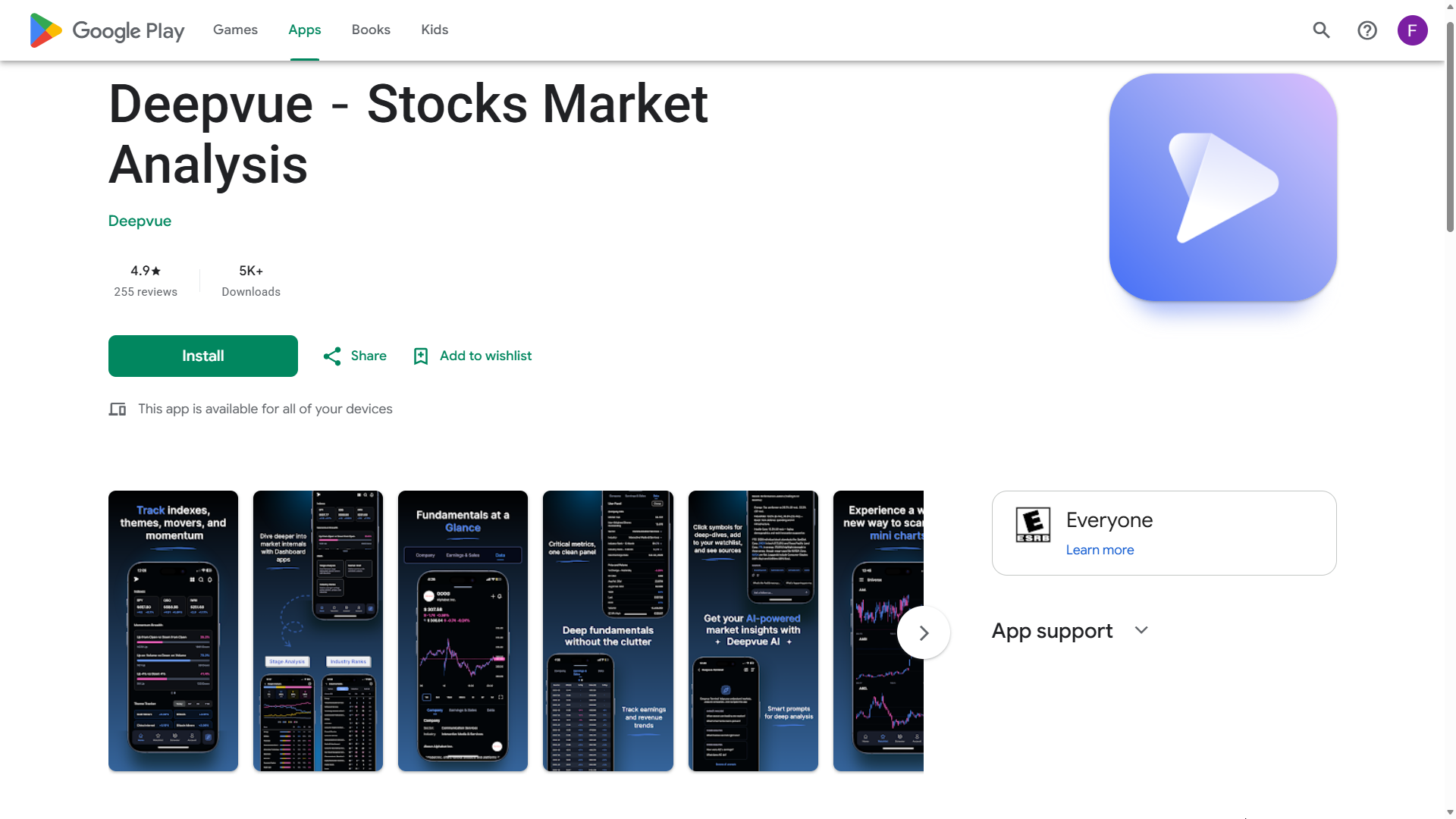 Deepvue's stock market analysis app on Google Play, with the trading journal, mobile charting and AI research tools