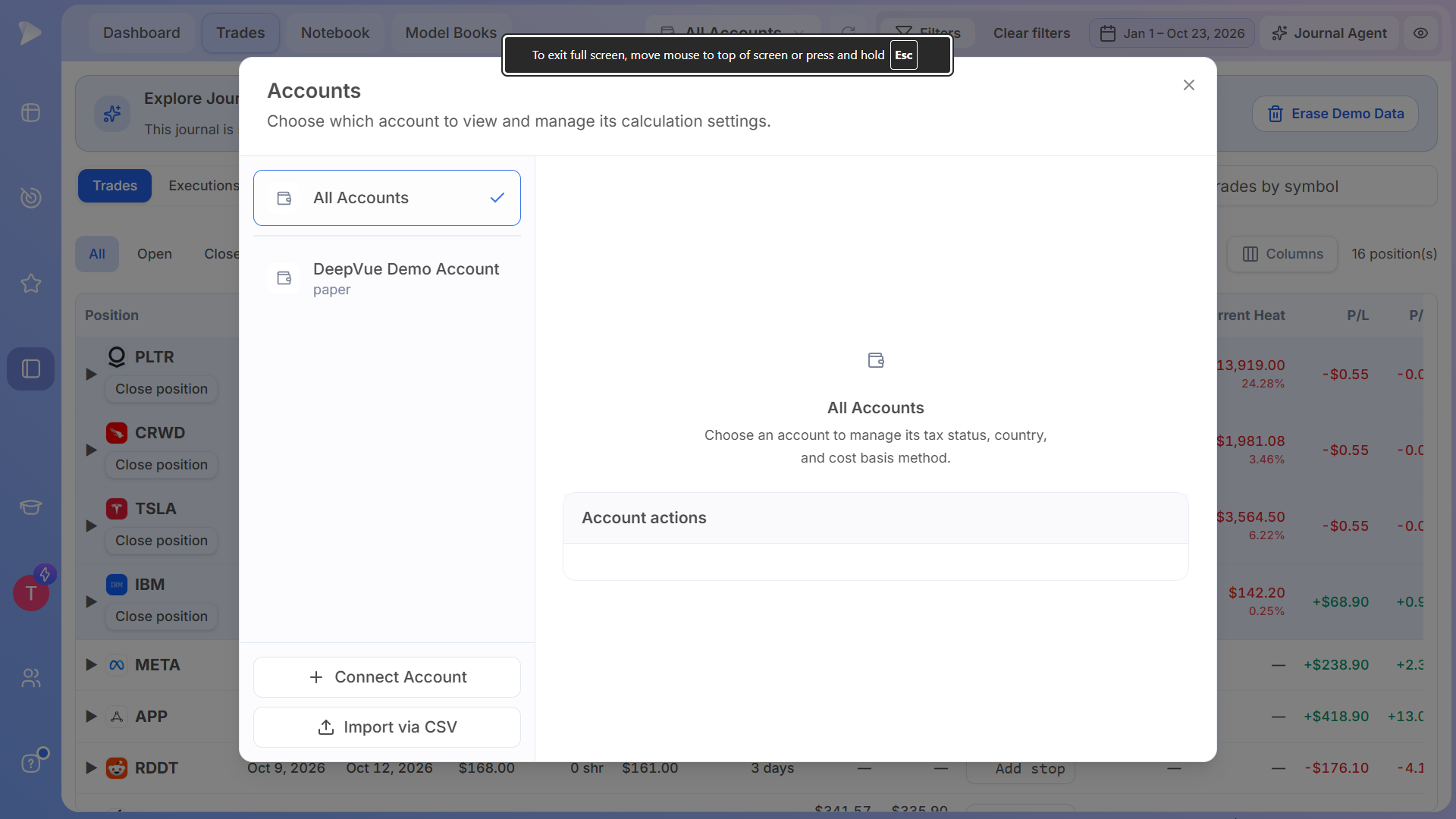 Deepvue's trading journal lets traders connect brokerage accounts or import trades via CSV, manage multiple accounts, and customize account settings for accurate performance tracking and analysis
