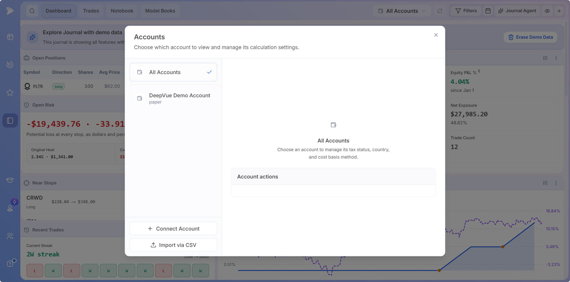 How to Use the Deepvue Trading Journal The Accounts window, with Connect Account and Import via CSV at the bottom left in the Deepvue Trading Journal