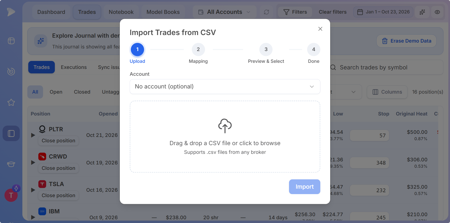 How to Use the Deepvue Trading Journal The Upload step of Import Trades from CSV, with an optional account in the Deepvue Trading Journal