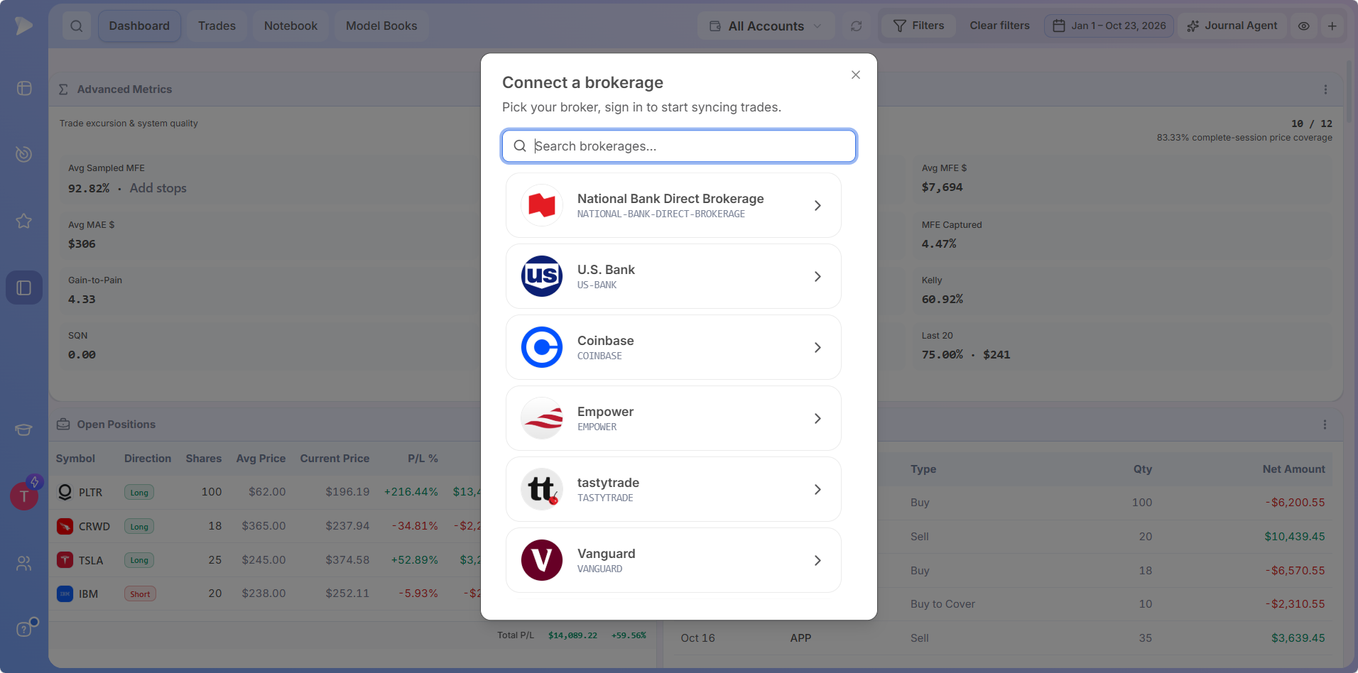 Connect a brokerage: search, pick your broker and sign in in the Deepvue Trading Journal
