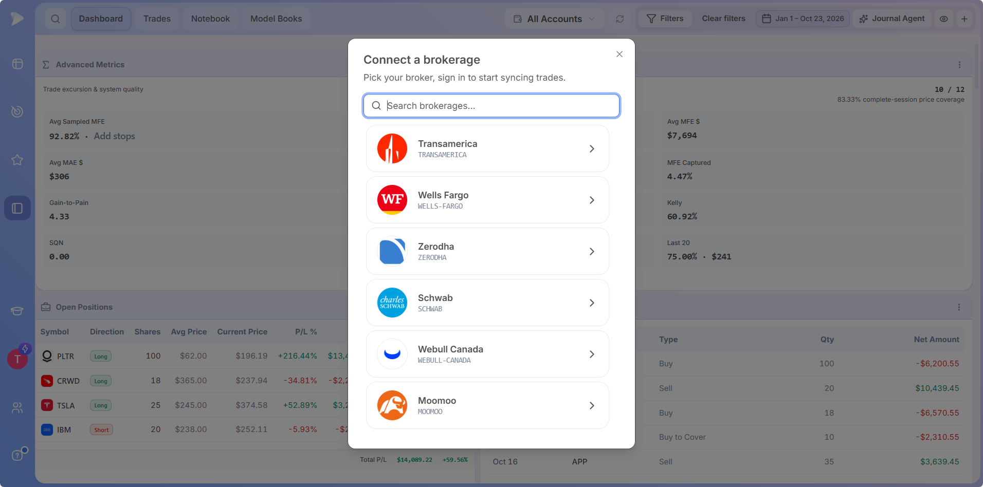 Questrade, Interactive Brokers and Webull in the Connect a brokerage list in the Deepvue Trading Journal