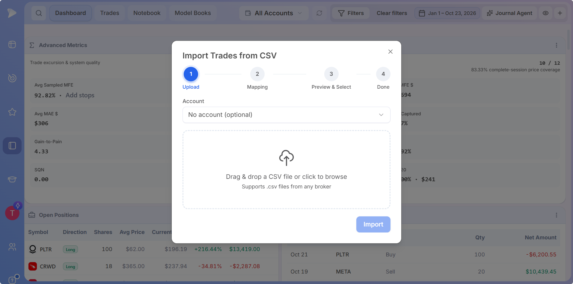 Import Trades from CSV accepts a .csv file from any broker in the Deepvue Trading Journal