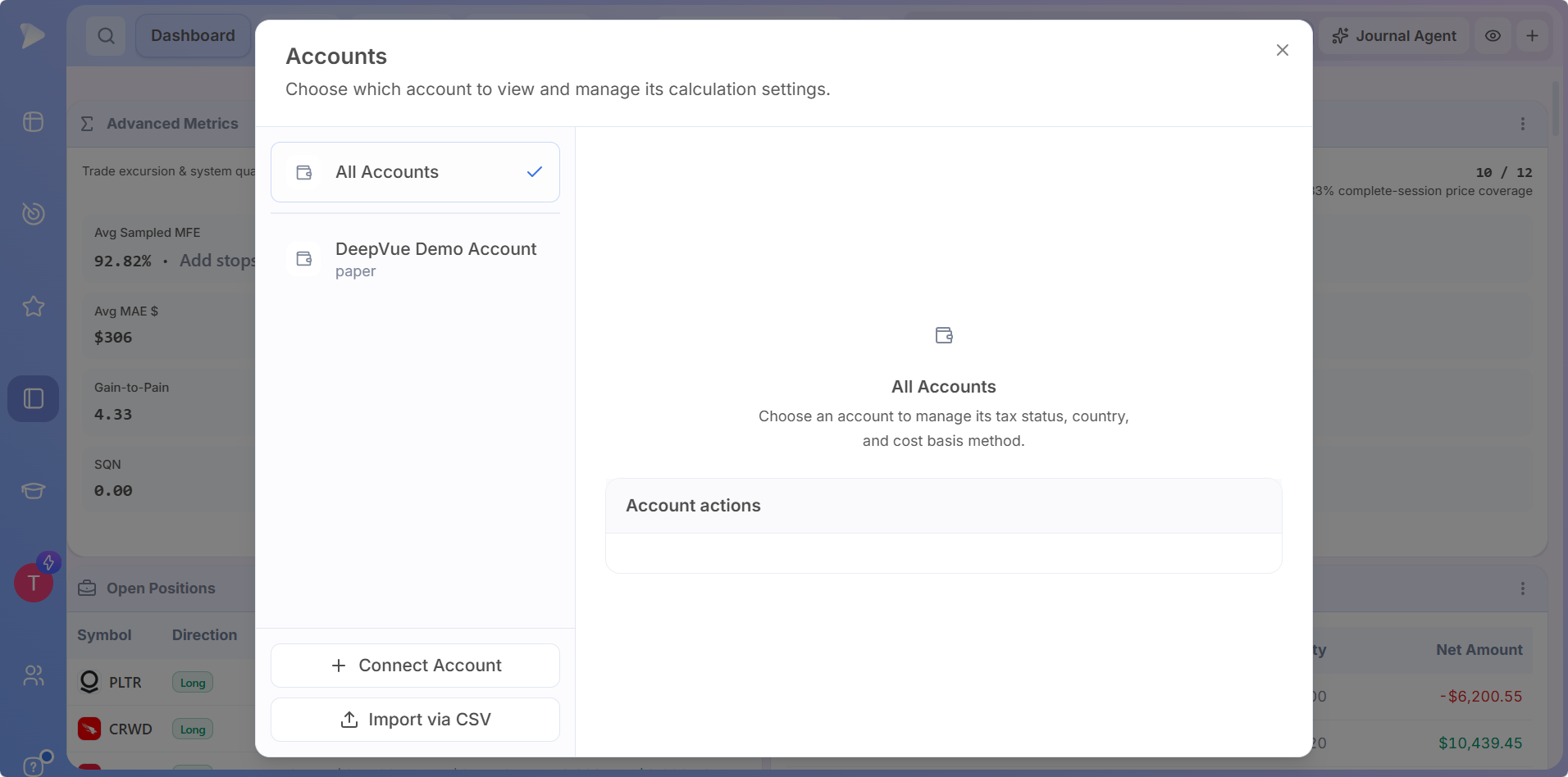 The Accounts window, where every connection starts and is managed in the Deepvue Trading Journal