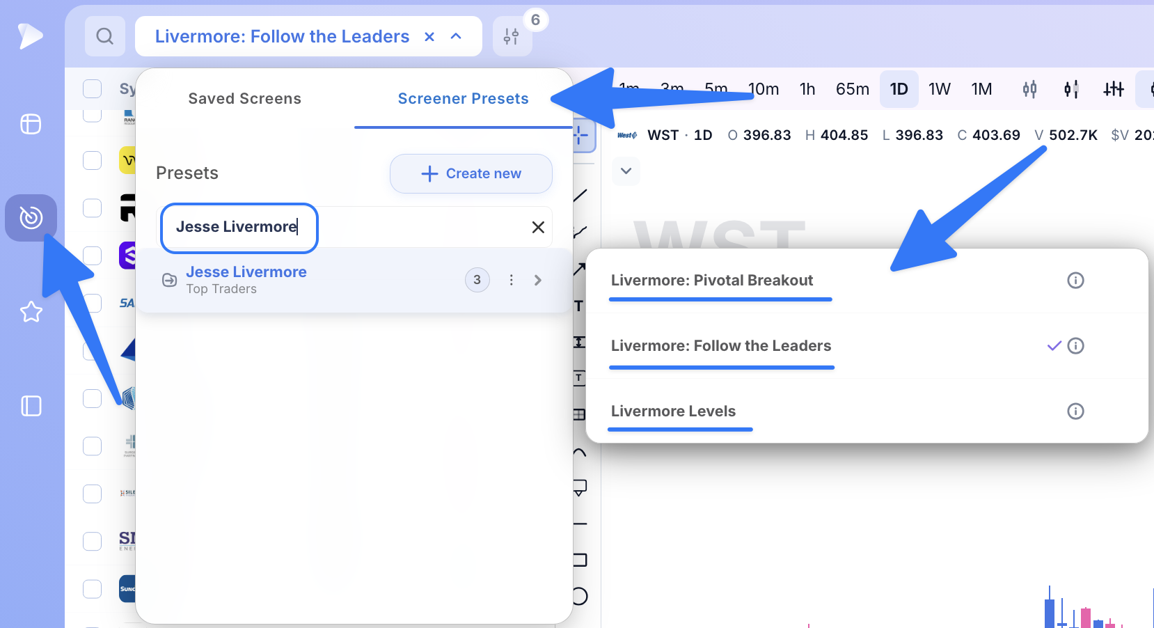 Find Stocks Like Jesse Livermore: Follow the Leaders Jesse Livermore screener presets folder in Deepvue Screener Presets
